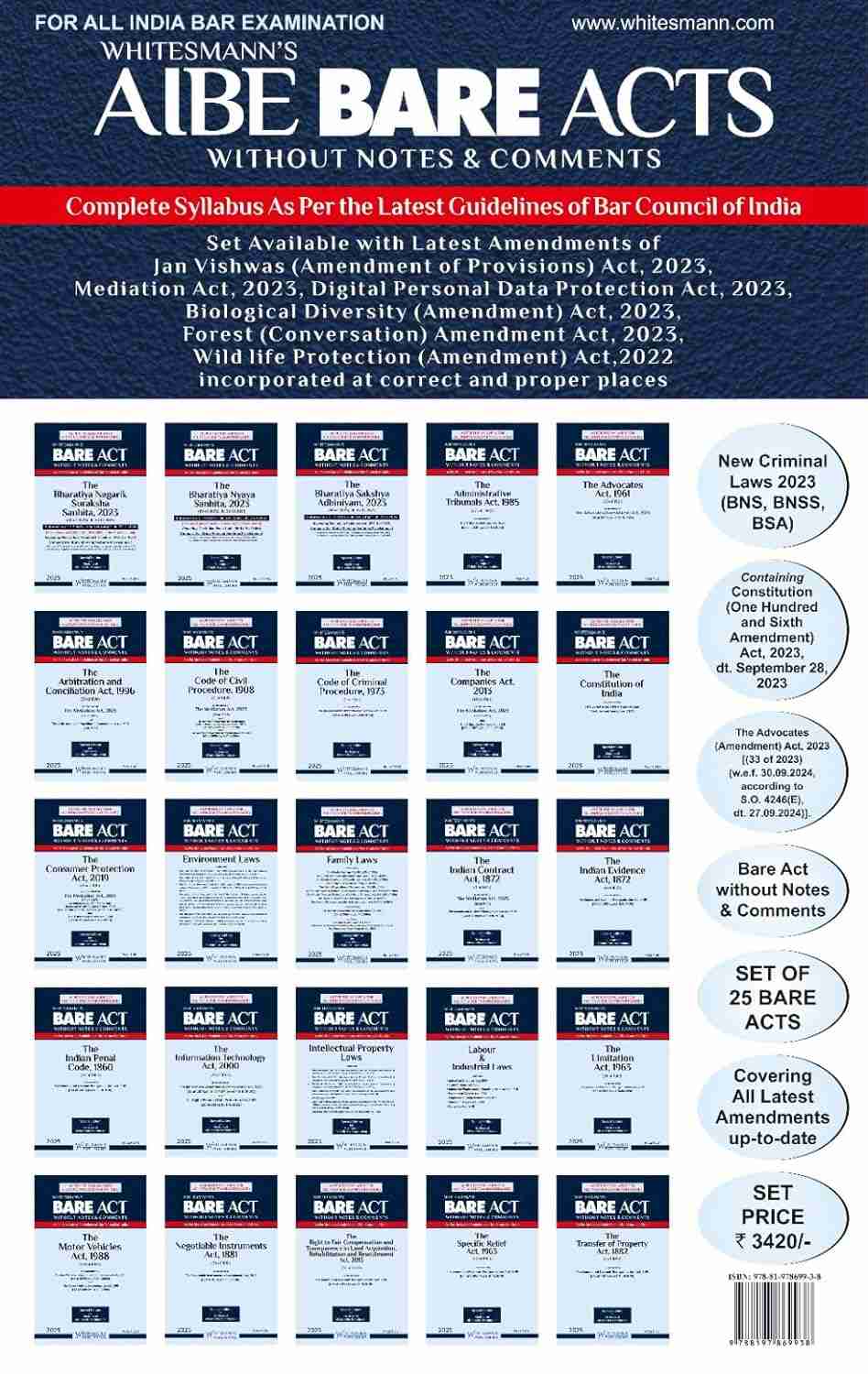 Whitesmann's AIBE BARE ACTS WITHOUT NOTES & COMMENTS SET OF 25 BARE ACTS LATEST EDITION 2025 (English) Eition - 2026 Whitesmann's AIBE BARE ACTS WITHOUT NOTES & COMMENTS SET OF 25 BARE ACTS LATEST EDITION 2025 (English) Eition - 2026